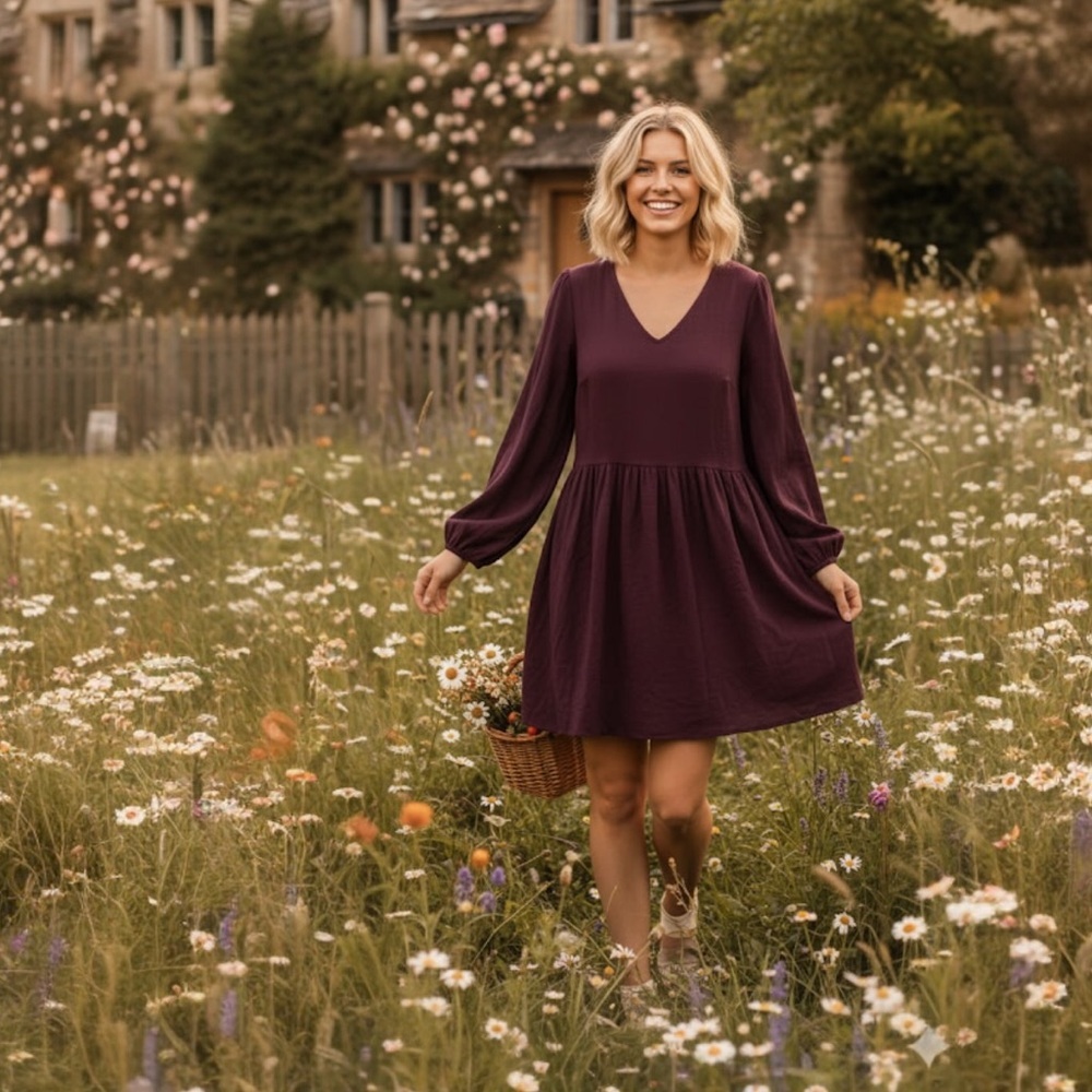 GAP Wine NEW Boho‎ Drop Waist Trapeze Dress Puff Sleeve V Neck Cottagecore Loose